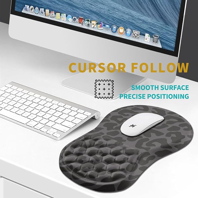 Hokafenle Ergonomic Mouse Pad Wrist Support, Wrist Rest Mousepad for Carpal Tunnel Pain Relief with Integrated Memory Foam Slope Massage Bulge (11.8x7.9 inch,Black Leopard