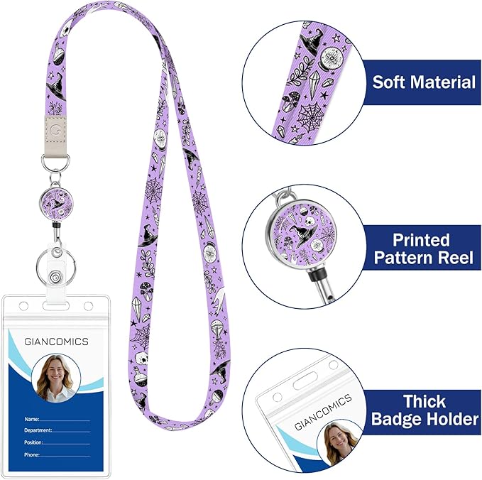 Giancomics Lanyards for Id Badges, Magic Cute Lanyards with Retractable Reel, Waterproof ID Badge Holder for Cruise Ships Cards Key, Work Name Tag Zip Card Protector for Women 2 Pack