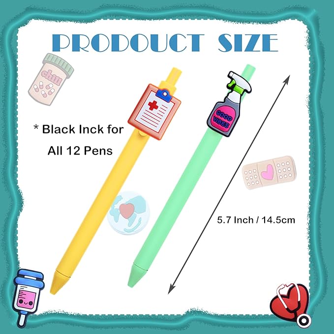 12 Pcs Nurse Pens Cute Nursing Student Essentials Pens, Include 6 replacement refills Writing Instruments for Nurses, Medical Assistants, Students, Workers Office Appreciation Gifts