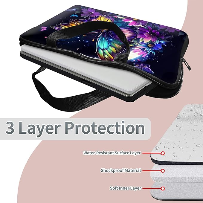 Laptop Sleeve Case Bag 13 inch, Color Moon Butterfly Slim Carrying Case Durable Handbag Travel Laptop Bag for 13 inch MacBook Air M3/M2/Pro M2/ 13" iPad Pro/Air M4/M2 2024