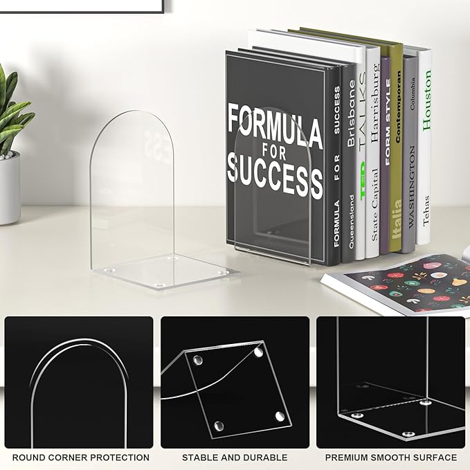 Acrylic Bookends 4 Pieces, Book Ends for Shelves, Clear Bookends for Book Shelves and Desktop Organizer, Transparent Bookends to Hold Books for Home Office Supplies