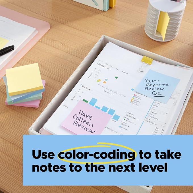 Post-it 100% Recycled Paper Super Sticky Notes, 3 in. x 3 in., 12 Pads, 70 Sheets per Pad, Oasis Collection, School Supplies and Office Products