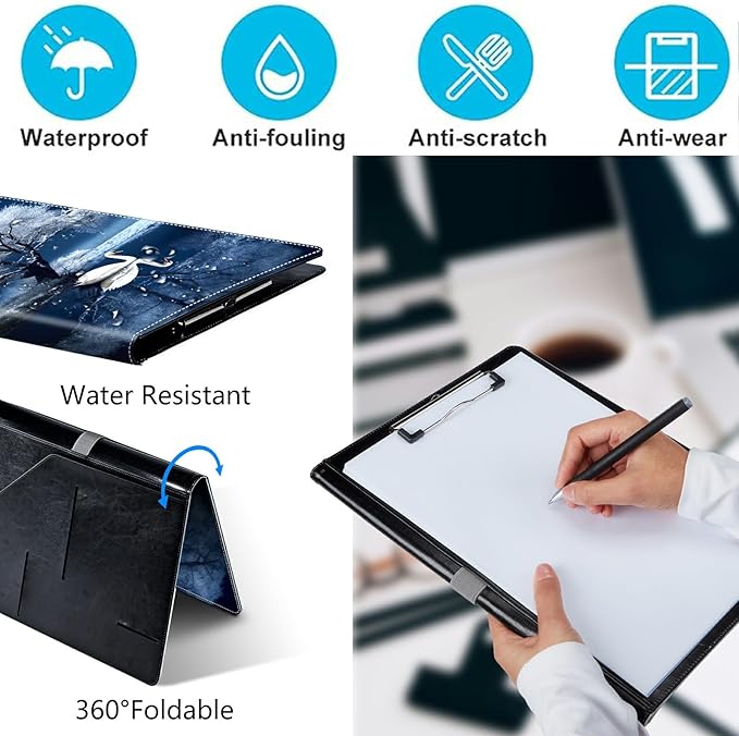 PU Leather Padfolio Clipboard Notepad with Pen Loop and Elastic Strap Interview/Resume Document Organizer for Business School Office,Swan and Tree
