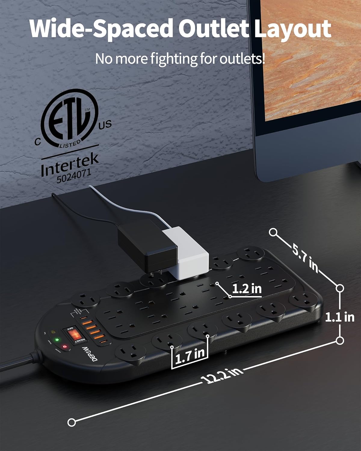 Power Strip, 24 AC Outlets (1875W/15A) with 6 USBs (2 USB-C Ports), Surge Protector (3,400 Joules), 10Ft Heavy Duty Flat Plug Extension Cord, Wall Mountable for Home, Office, Black, ETL Listed