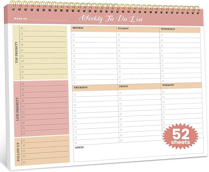 Weekly To Do List Notepad with 52 Undated Sheets（8.5"×11"）- Undated Weekly Planner Notepad for Office Desk Accessories and Supplies - Sunshine Petal