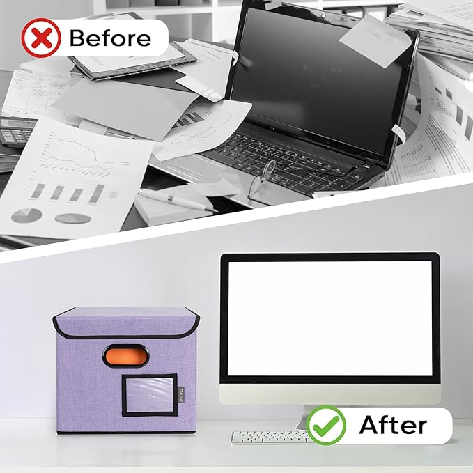 BALEINE File Organizer Box with Lid, Collapsible File Folder Organizer with Plastic Slide, Hanging File Folder Box for Office Document Storage (2 Pack, Purple)