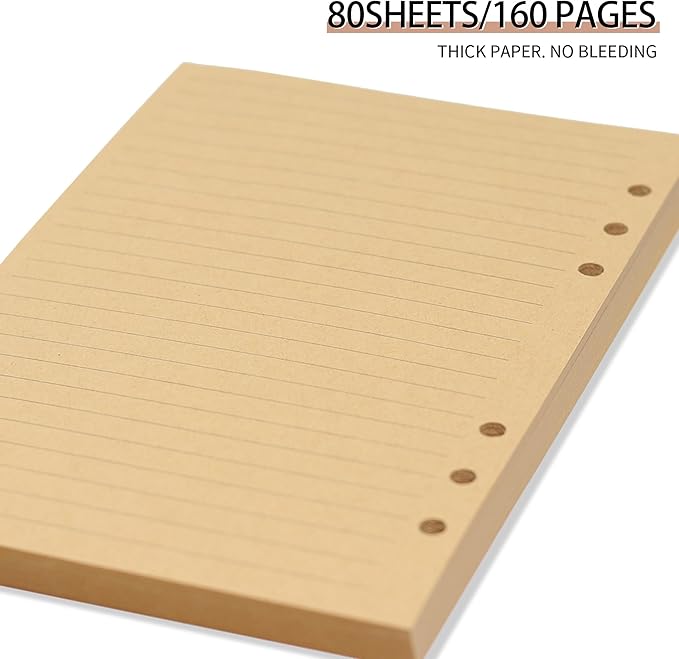 A5 Lined Vintage Kraft Paper, Vintage A5 Flipchart Binder Refill Paper,for 6-Ring Binders Planner Traveller Journal Notebook Dairy, 80 Sheets (160 Pages) (Line-Retro-A5)