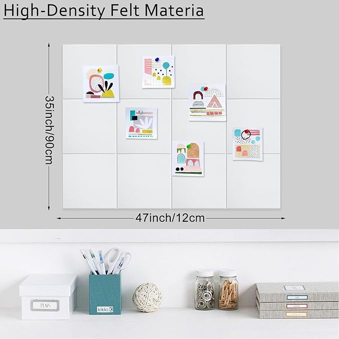 Large Cork Board Alternative for Walls, 47"x35" 12 Pack Felt Wall Tiles Bulletin Board with 30 Push Pins, Sticky Notes, Cork Boards for Office Pin Board Tack Board Felt Boards (White)