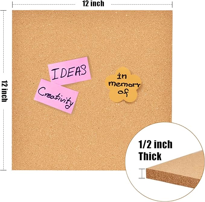12x12 Cork Board Tiles Bulletin Board, 1/2" Thick Small Square Cork Boards for Walls, Self-Adhesive Cork Tiles for Home, Office, School, Bulletin Board Decorations(12mm,2pc)