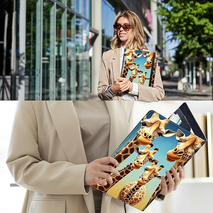 PU Leather Padfolio Clipboard Notepad with Pen Loop and Elastic Strap Interview/Resume Document Organizer for Business School Office,Giraffe