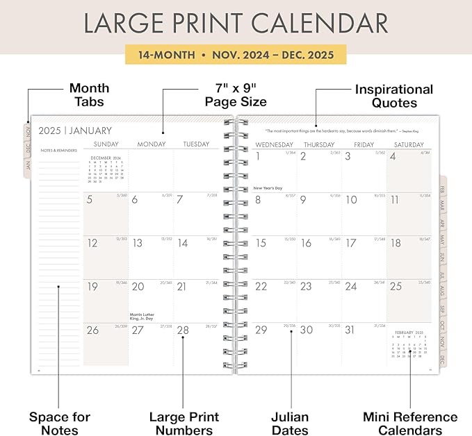 Essential PRO 2025 Daily, Weekly & Monthly Planner, 7"x9": 14 Months (Nov 2024 - Dec 2025) Monthly Tabs,Daily Tracking,Notes Pages,Storage Pocket,Bookmark w Sticky Notes (Pastel Peacock)