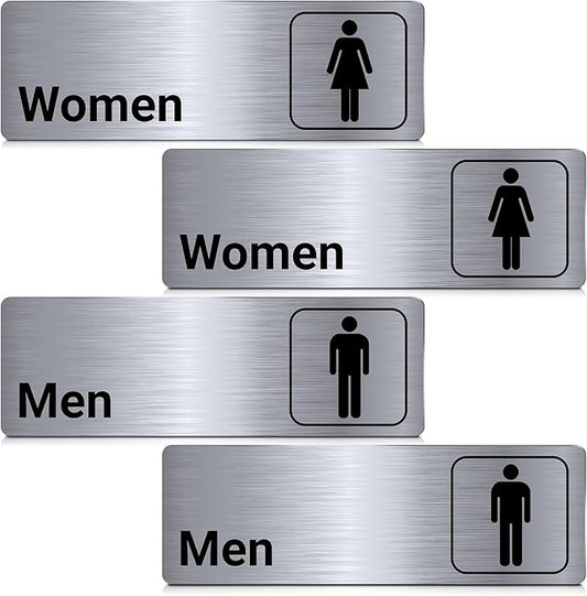 Brushed Aluminum Restroom Signs, Men and Women Modern Restroom Sign, 9 x 3 Inch Bathroom Door Signage Decor for Offices Business Restaurants (4 Pcs)