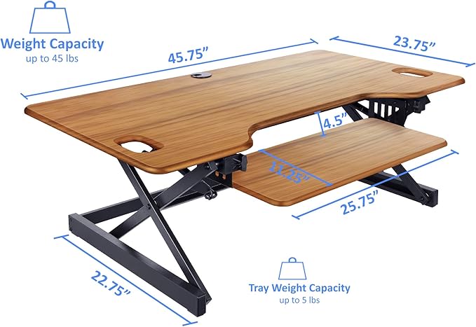Rocelco 46" Large Height Adjustable Standing Desk Converter - Quick Sit Stand Up Triple Monitor Riser - Gas Spring Computer Workstation - Retractable Keyboard Tray - Teak Wood Grain (R DADRT-46)