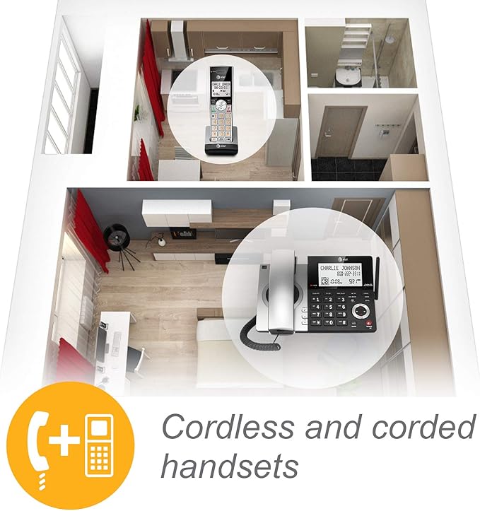 AT&T CL84107 DECT 6.0 Expandable Corded/Cordless Phone with Smart Call Blocker, Black/Silver with 1 Handset