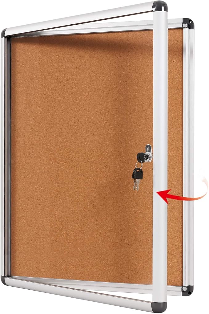 SWANCROWN Enclosed Bulletin Board,Lockable Cork Noticeboard for School Office,Wall Display Case with Lock 20"x14"(2xA4)