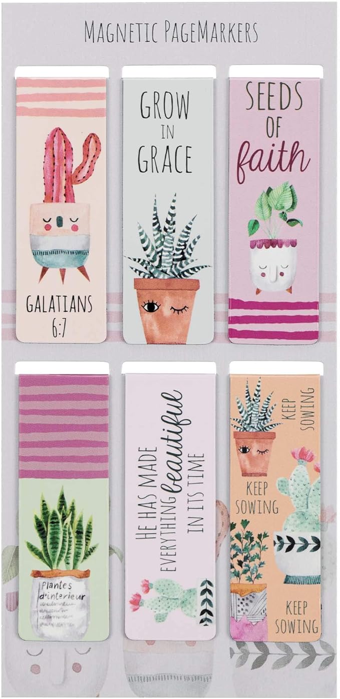 Set of 6 Beloved Scripture Favorites w/Cactus & Cheerful Flower Pots Inspirational Magnetic Bible Verse Bookmark with Scripture,Regular 2.3" x .75"