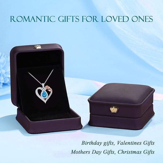 Hidepoo Christmas Gifts for Women Mom Wife - Sterling Silver Rose Heart Birthstone Necklace I Love You Forever Heart Pendant Teardrop Necklace Jewelry Anniversary Valentines Christmas Birthday Gifts