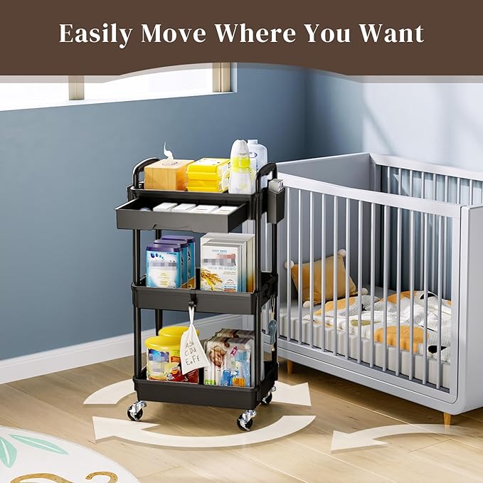 Rolling Utility Cart with Drawer 3 Tier, Utility Storage Organizer with Plastic Shelf & Lockable Wheels Multifunctional Storage Cart for Kitchen, Bathroom, Office, Living Room, Black