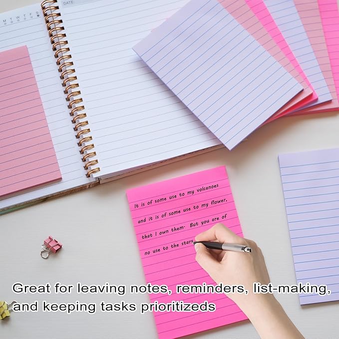 9 Pack Lined Sticky Notes 4X6 in Post Sticky Notes with Lines, Large Ruled Post Sticky Colorful Super Sticking Power Memo Pads Strong Adhesive, Sticky Notes 4x6 (Pink Themed)