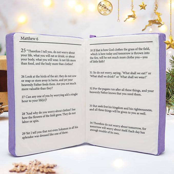 Bible Pillow Book Plush That Opens Christian Holy Bible Stuff Religious Party Favors Gifts for Kids for Christening Easter (Purple)