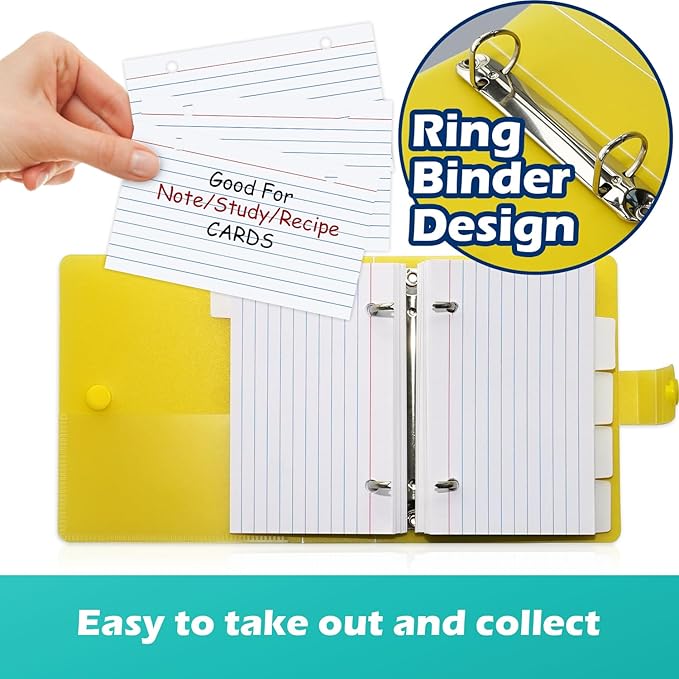 3x5 Lined Index Cards with Ring Binder Holder and Dividers, 100 Ruled Cards, Yellow