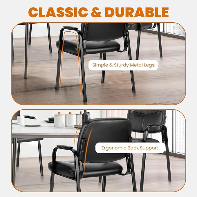 Sweetcrispy Waiting Room Chairs No Wheels Set of 4, Leather Stationary Office Reception Guest Chair with Padded Arms for Elderly Desk Conference Room Lobby Table Side Salon
