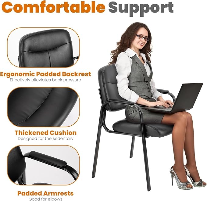 Sweetcrispy Office Reception Guest Chair No Wheels Set of 8, Leather Stationary Waiting Room Chairs with Padded Arms for Elderly Desk Conference Room Lobby Table Side Salon
