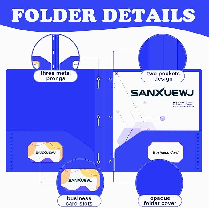 30 Pack Two Pocket Folders Business Card Holder Plastic Folders with Prongs for School Office Filing Cabinet Resume Portfolio (Blue)