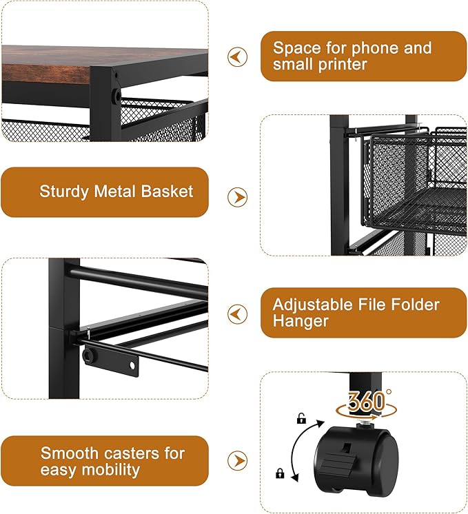 EasyPAG Rolling File Cart on Wheels with 2 Mobile Letter & Legal Size Hanging File Folder Rack and 2 Pull-Out Drawers for Home Office, Black