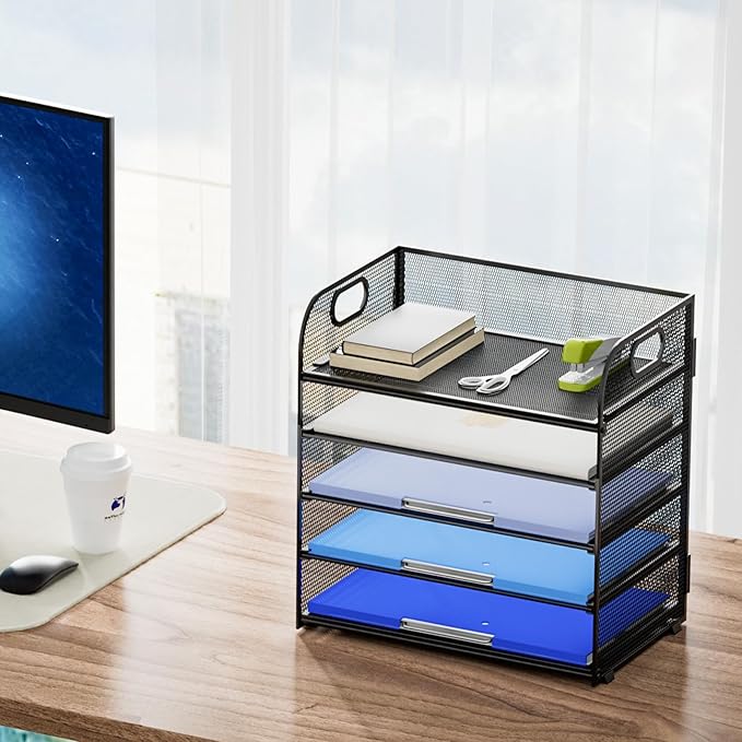 Marbrasse 2 Pack Desk Organizer with Handle, 5 Tier Paper Organizer Letter Tray Organizer, Mesh Desk File Organizer for Office, School and Home