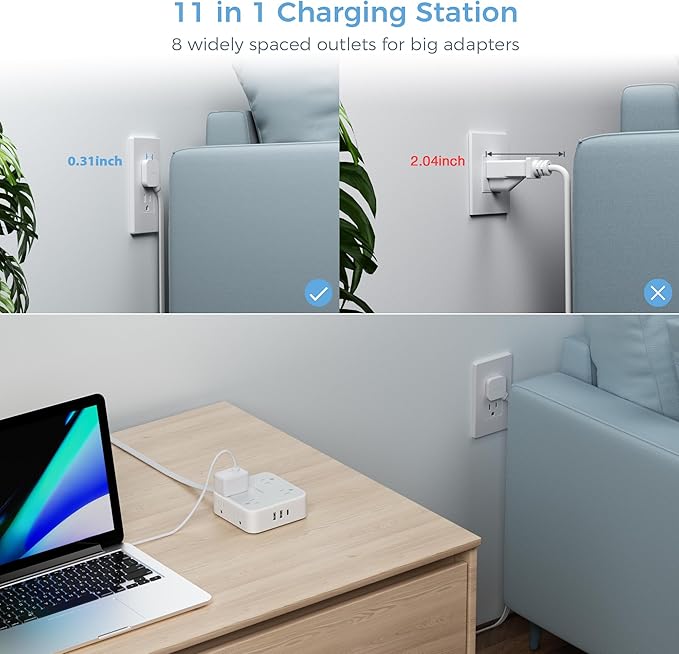 Surge Protector Power Strip 15 Ft Cord, 8 Widely Spaced Outlets, 3 USB Charger(1 USB C Port), Ultra Thin Flat Plug Extension Cord 15 Feet, 900J Surge Protection for Home, Office, Dorm Room Essentials