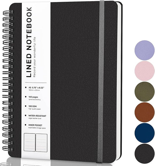 Black Lined Spiral Journal Notebook with 160 Pages, 8×5.7in, A5 Spiral Notebook, Journaling Notebooks for Work, School, Women, Men, College Ruled Spiral Notebook, Hardcover Leather Journals