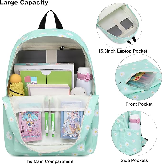 Flowers School Backpack for Teens Girls, Womens College Bookbags Kids School Bags Laptop Backpacks (Green)