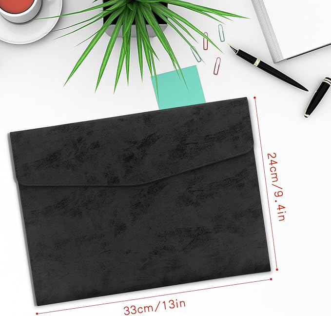 Toplive Document File Folder, Waterproof Thin PU Leather A4 Envelope Folder File Document Organizer Storage Case, Filing Envelope Folder with Magnetic Closure, Ash Black