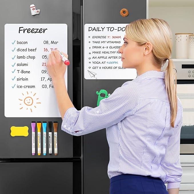 6 Pack Magnetic Dry Erase Board Sheet for Fridge, 12"x8" Erasable Refrigerator WhiteBoard w/ 6 Markers & 1 Eraser- Smooth and Flexible Small Magnet Blank Notepad for Home Kitchen Organizer and Planner