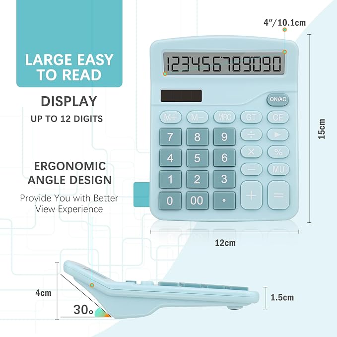 Office Desk Calculator,Cute Caculator with Dual Power Source,Basic Calculators Desktop with 12 Digit Large LCD Display Big Buttons Simple Financial Calculator for Office Home School(Blue)
