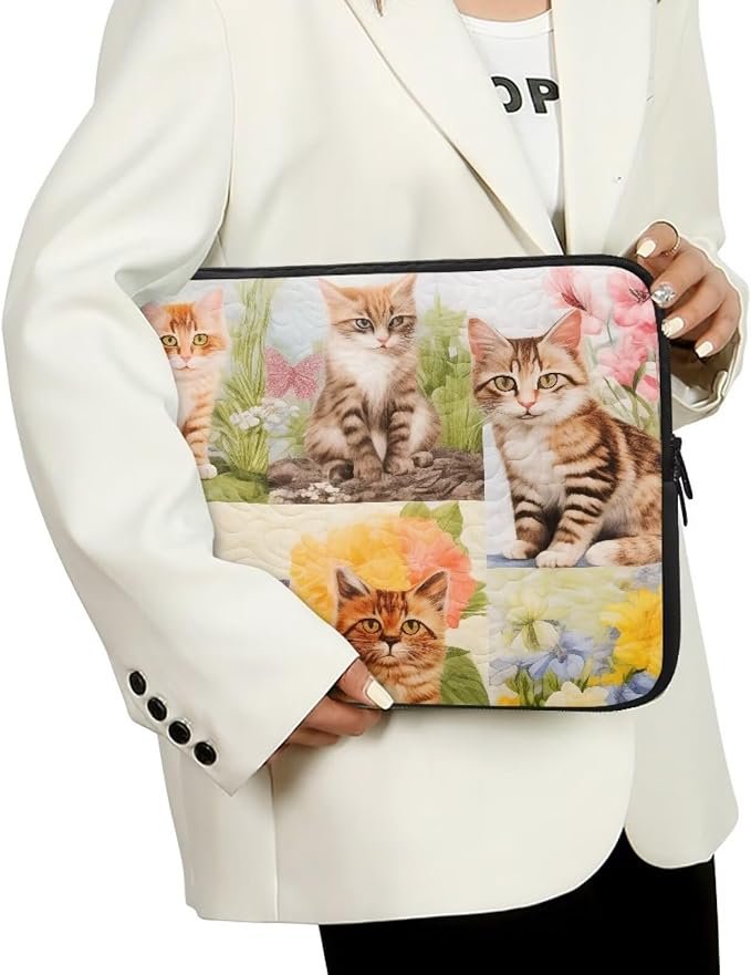 Cat Floral Printed Computer Case Bag for Girls Boys, Washable 17 Inch Laptop Bag Carrying Case Cute Laptop Briefcase Neoprene with Zipper, Compatible with Various Computers