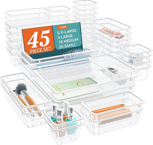 Drawer Organizers of 45 PCS Plastic Drawer Organizer Bins, 4 Sizes Versatile Bathroom Kitchen Office Organizers and Storage Containers for Makeup, Utensils, Stationery