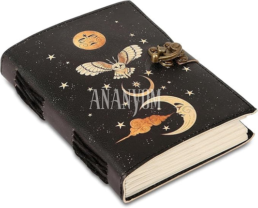 Handmade Leather Journal, Black, Sun & Moon Design, 7 x 5 Inch, 200 Unruled Pages, Hand Embossed, White Paper, Brass Clasp Lock, Vintage Notebook Diary, Sketchbook for Artists & Writers