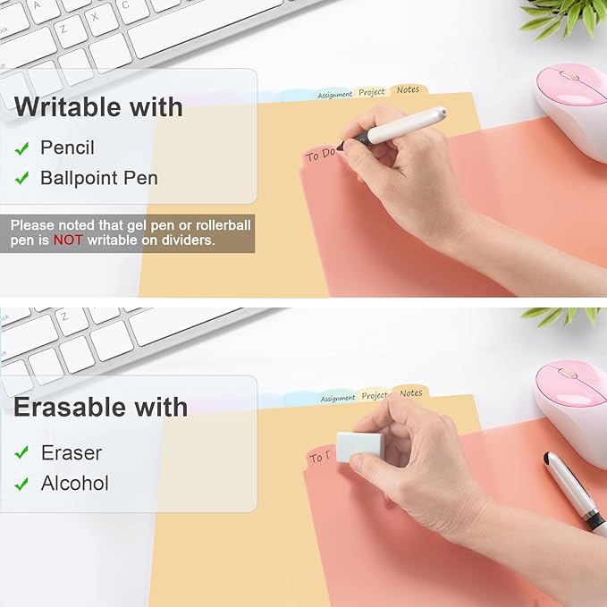 8 Count/1 Set Write & Erase Binder Dividers with Tabs, Durable Plastic 8 Tab Dividers for 3 Ring Binder Letter Size, Separators for Student School Home Office Document Organizer, Pastel