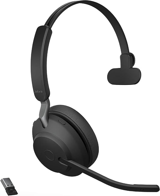 Jabra Evolve2 65 MS Wireless Headset with Link380a, Mono, Black – Wireless Bluetooth Headset for Calls and Music, 37 Hours of Battery Life, Passive Noise Cancelling Headphones
