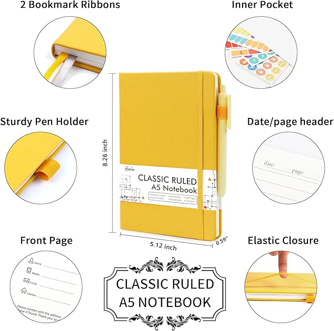 12 Pack Notebooks Journals Bulk with 12 Black Pens, Feela A5 Hardcover Notebook Classic Ruled Journal Set with Pen Holder for School Business Work Travel Writing, 120 GSM, 5.1”x8.3”, Yellow