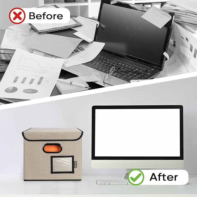 BALEINE File Organizer Box with Lid, Collapsible File Folder Organizer with Plastic Slide, Hanging File Folder Box for Office Document Storage (2 Pack, Beige)