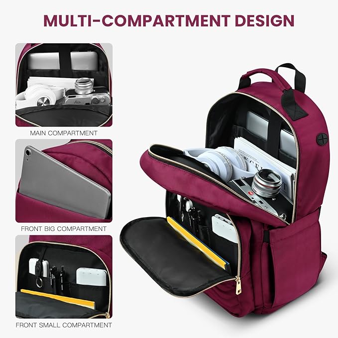 Travel Laptop Backpack for women, Work Backpack Woman with USB Charging Port, Water Resistant College Backpack, Stylish Quilted Girls Backpack Casual Daypack for 15.6 Inch Laptop, Red