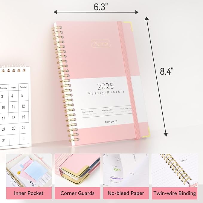 Forvencer 2025 Planner, Hardcover Weekly and Monthly Planner, January 2025 - December 2025, 6" x 8", Spiral Calendar Planner with Tabs, Exquisite Daily Organizer Notebook with Inner Pocket, Agenda Journal for Office Home School, A5 Size, Pink