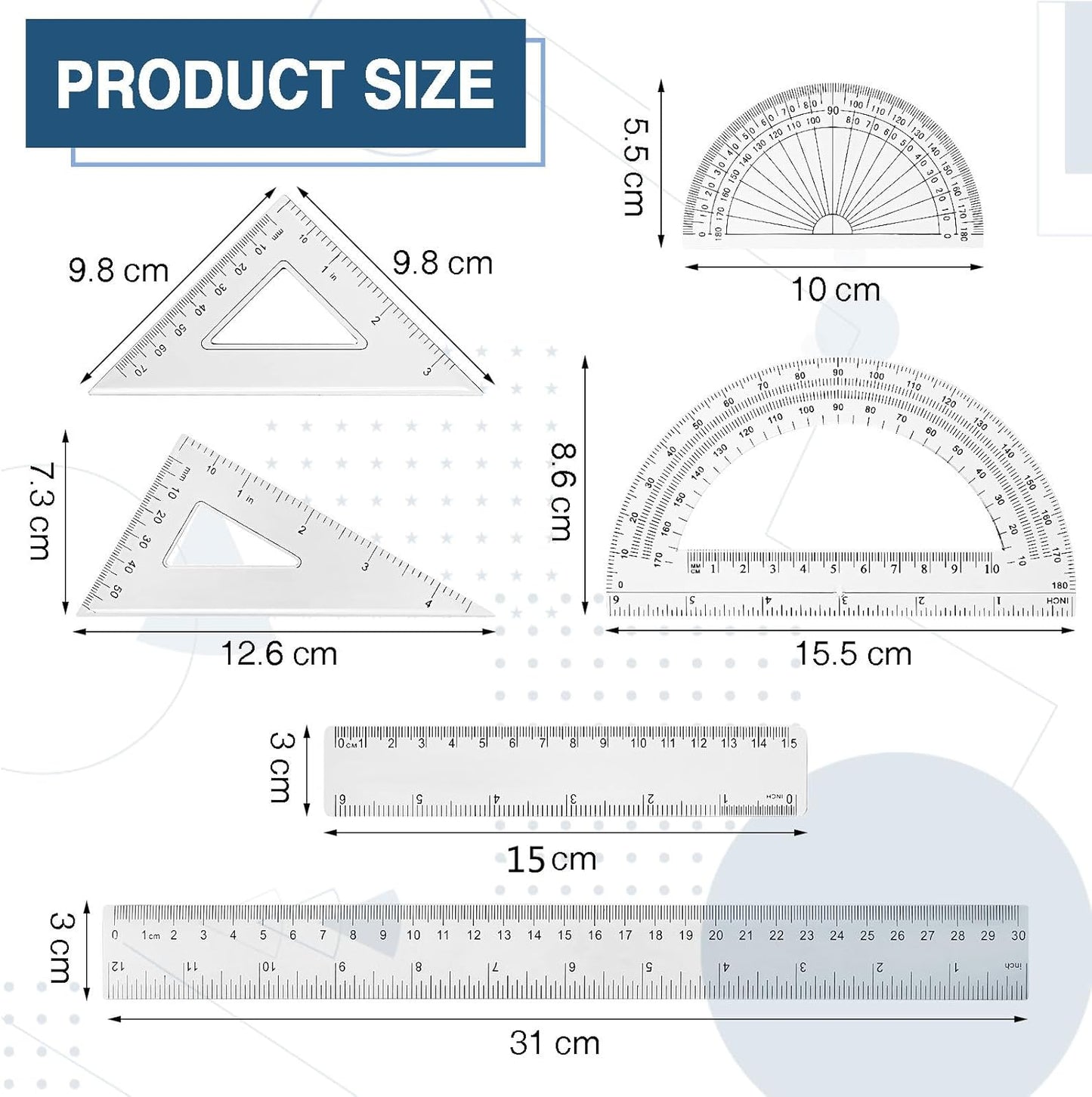 Tenare 1 Set Plastic Clear Math Set Includes Protractor Triangle Rulers 12 Inch 6 Inch Straight Geometry Math Transparent Ruler Measuring Tool for School Office Home Supplies(Clear)