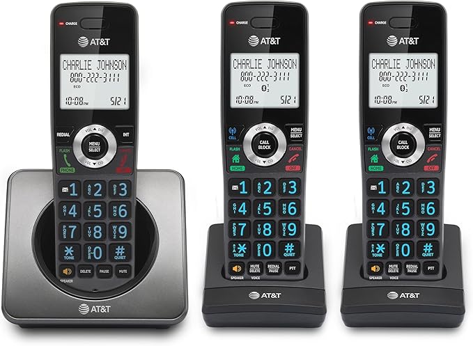 AT&T GL2101-3 DECT 6.0 3-Handset Cordless Home Phone with Call Block, Caller ID, Full-Duplex Handset Speakerphone, 2" White Backlit Display, Lighted Keypad (Graphite & Black)