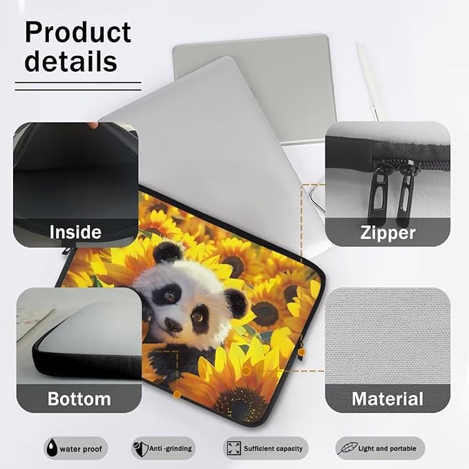 Sunflower Panda Printed Laptop Briefcase for Women Men, Waterproof Laptop Case Bag Laptop Case for 13 Inch, Lightweight Computer Carrying Cover with Zipper for Office Business Traveling