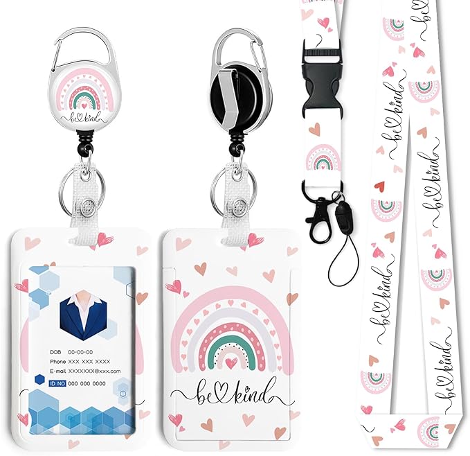 Rainbow Be Kind Badge Holder with Retractable Reel and Breakaway Lanyard，Badge Clips Retractable Heavy Duty Badge Reel，Funny Keychain，ID Holder with Breakaway Lanyard for School Nurse Office Teen