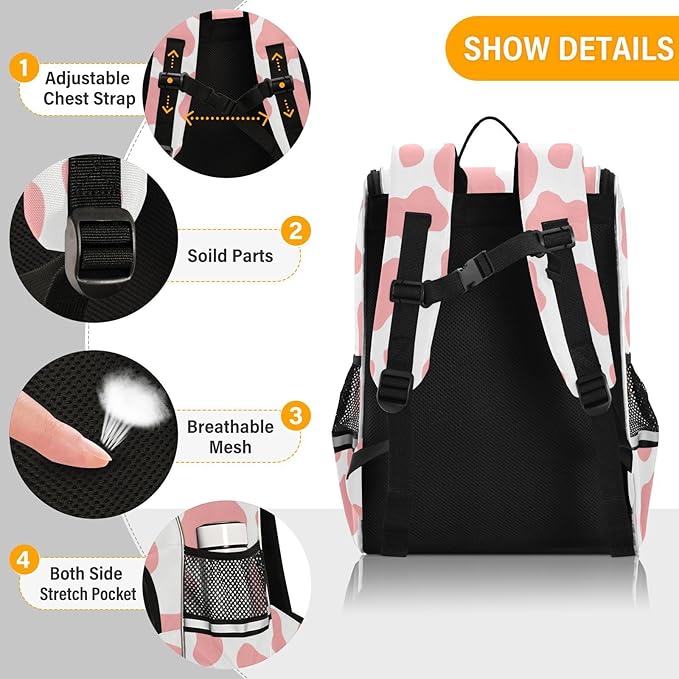 Cow Print Backpack with Reflective Strip for Kids Boys Girls Elementary School Bag Removable Chest Strap
